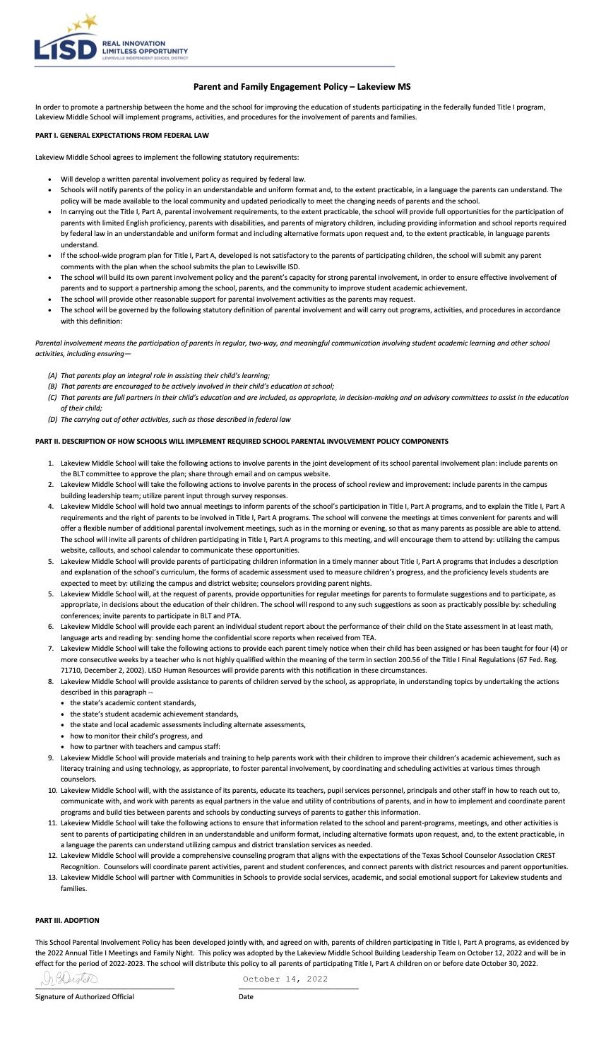 2022-23 Title I Parent Engagement Policy